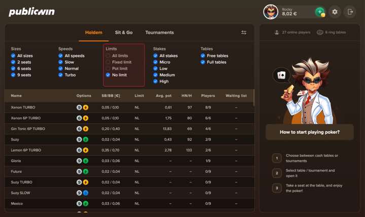 PublicWin poker limits
