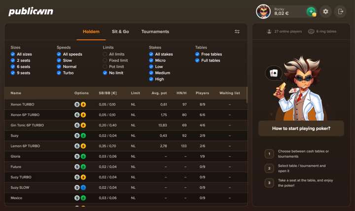 PublicWin poker lobby
