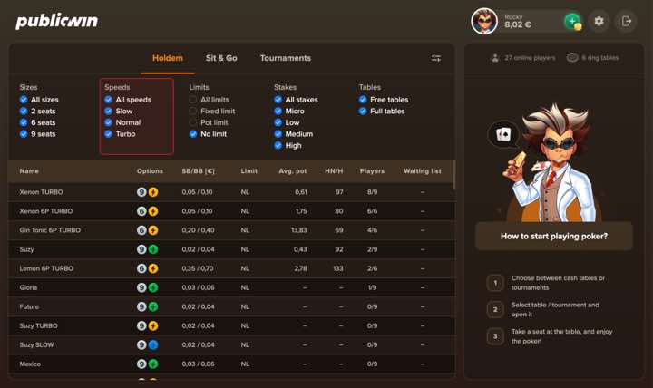 PublicWin poker speed